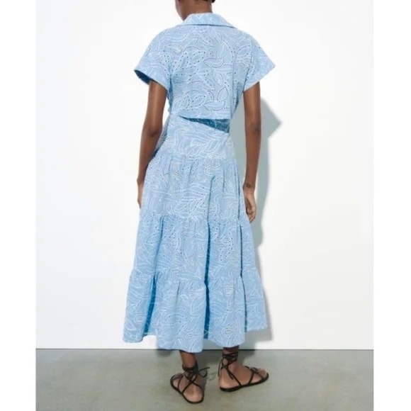 ZARA Embroidered Eyelet Lace Dress Light Blue White Tiered Midi Summer X-Small - Picture 9 of 16